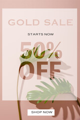 fresh tropical green leaves on pink background with gold sale illustration
