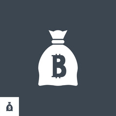 Money Bag with Bitcoin related vector glyph icon. Isolated on black background. Vector illustration.