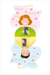 Virtual love. Relationships through social networks. Dating online. Flat vector illustration with young people having romantic relationships, chatting online.