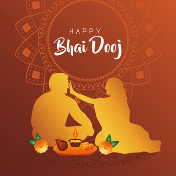 happy bhai dooj celebration card with brother and sister golden silhouette