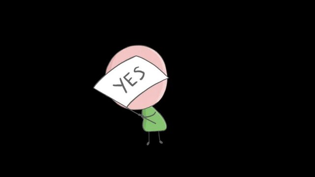 Hand drawn animation of a boy waving a flag with a word yes. Seamless looping animation with luma matte