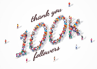 100K Followers. Group of business people are gathered together in the shape of 100000 word, for web page, banner, presentation, social media, Crowd of little people. Teamwork. Vector illustration