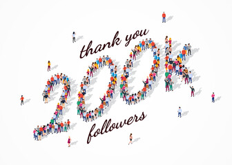 200K Followers. Group of business people are gathered together in the shape of 200000 word, for web page, banner, presentation, social media, Crowd of little people. Teamwork. Vector illustration