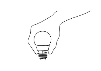 one line continuous draw  with hand holding light bulb. Vector illustr