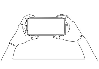 Continuous one line drawing of of hand holding smartphone