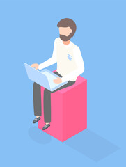 Programmer, designer, co-worker, manager, office clerk using laptop sitting at 3d rectangle. Computer user. Bearded guy working at wireless computer. Isometric flat illustration with cartoon character