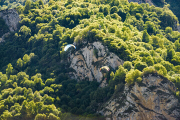 Sunny view of  mountains and Eltyulbyu village in North Caucasus, Kabardino-Balkaria, Russia.
