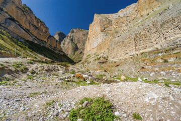 Sunny view of  mountains and Eltyulbyu village in North Caucasus, Kabardino-Balkaria, Russia.