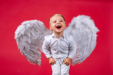 Angel child boy with white wings laughing. Excited angelic children is laugh. Cute excited kid with...