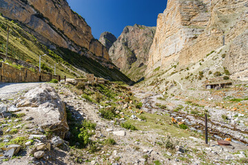 Sunny view of  mountains and Eltyulbyu village in North Caucasus, Kabardino-Balkaria, Russia.