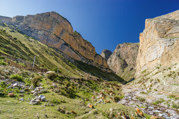 Sunny view of  mountains and Eltyulbyu village in North Caucasus, Kabardino-Balkaria, Russia.