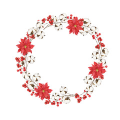 White cotton flowers, red poinsettia flower and branches with red berries round frame. Hand drawn watercolor illustration.