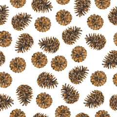 Seamless pattern with brown pine cones on white background. Hand drawn watercolor illustration. - 393174759