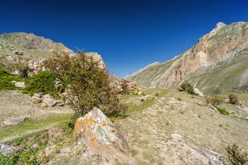 Sunny view of  mountains and Eltyulbyu village in North Caucasus, Kabardino-Balkaria, Russia.