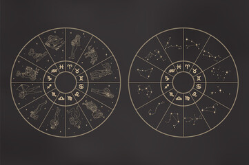 Zodiac wheels set. Circles with zodiac signs as girls, glyphs, constellations. Astrological concept in outline style isolated on black gradient. Vintage vector illustration for logo, print, tattoo