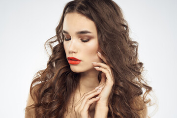 Naklejka premium Elegant woman with bare shoulders red lips glamor attractive look cropped look