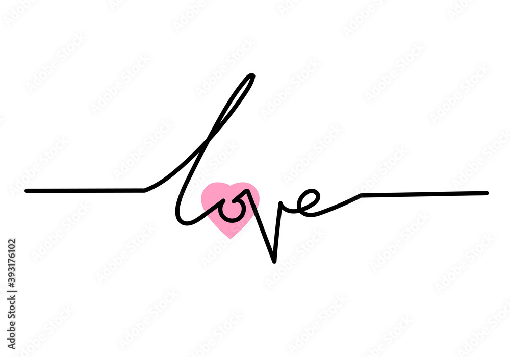 Wall mural continuous one line drawing love word, vector minimalist illustr