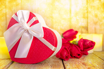 Valentine day Greeting background, heart shaped gift box with red ribbon bow, copy space for your text