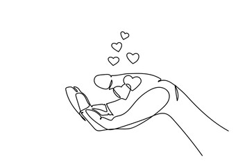 One continuous line drawing of hand holding the heart shape,