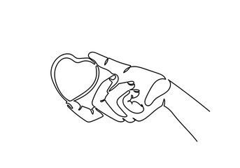 One continuous line drawing of hand holding the heart shape,