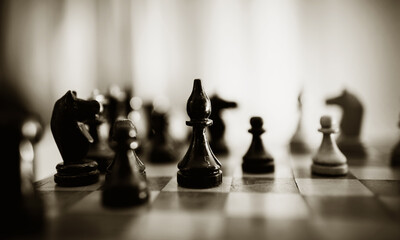 Wooden chess pieces on the chessboard.