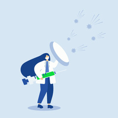 Fight and protect COVID-19. Coronavirus outbreak concept. Doctor wearing sanitary mask. Vaccine box and medical syringe to protect from coronavirus pathogens.