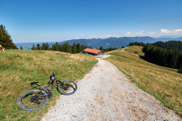 Mountain landscape with mountain bike in the foreground