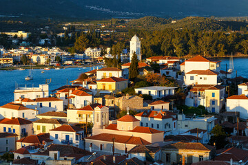 View of Poros island and Galatas village in Peloponnese, Greece.