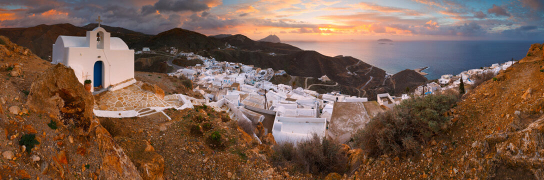 Panoramic view of Chora village on Anafi island in Greece.