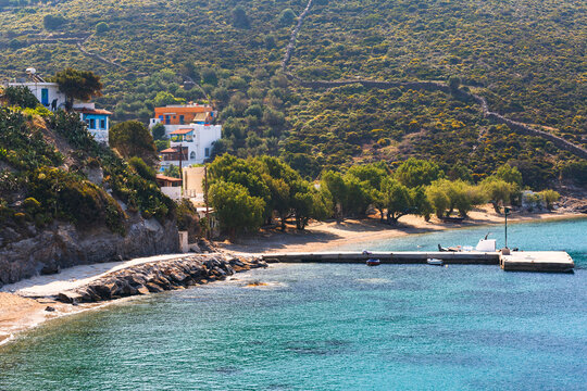 Kampi beach and Kampi village on Fourni island in Greece.
