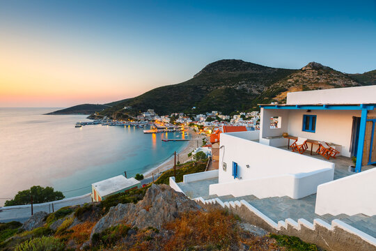 View of Fourni town and its harbour on a spring evening, Greece.