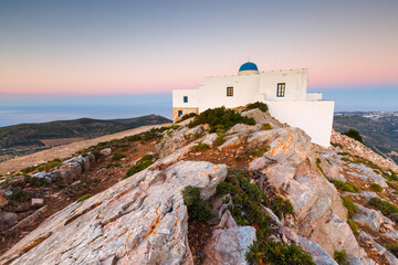 Church of Agios Symeon above Kamares village at sunset.