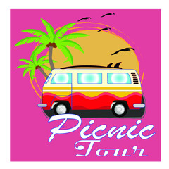 Picnic tour style t shirt | holiday/vacation mood | bus traveling, sunset time travel 