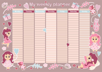 My week planner. Cute weekly and daily schedule with beautiful girls princesses, toys, unicorn, cat, leaves and flowers on pink background. Womens Stationery for Planning and Scheduling. Vector