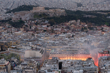 Protest in Panepistimio in central Athens as seen from Lycabettus hill