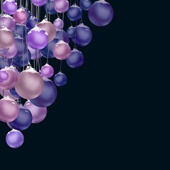 Pink and purple Christmas balls on a black square background. Empty space for background. Festive card.