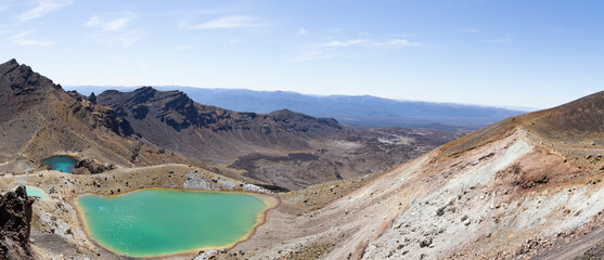 View of Emerald lakes and volcanic landscape in the Tongariro trail