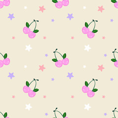 Seamless pattern with cherries and stars on a light background. Pink cherries on a branch. Vector illustration in flat style..