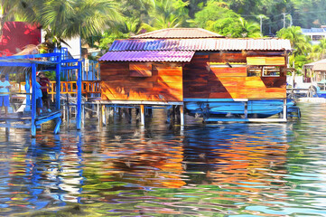 Fototapeta na wymiar Houses on the river beautiful landscape colorful painting looks like picture