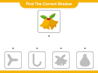 Find the correct shadow. Find and match the correct shadow of Christmas Bell. Educational children game, printable worksheet, vector illustration