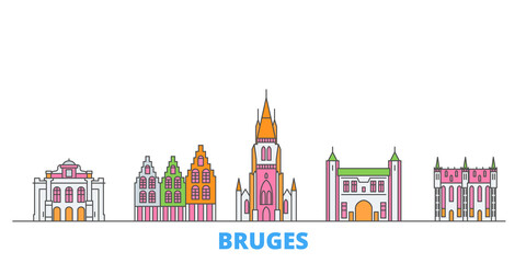 Fototapeta premium Belgium, Bruges cityscape line vector. Travel flat city landmark, oultine illustration, line world icons