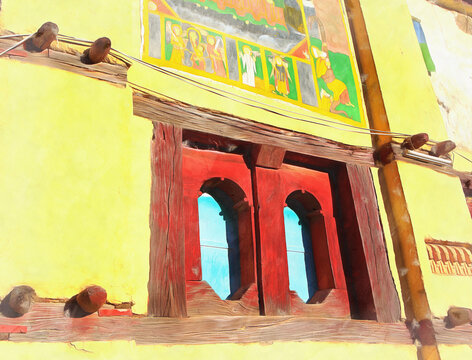 Window of the traditional building colorful painting