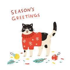 Merry Christmas and Happy New Year! Vector illustration of funny cat in festive red sweater and season's greetings in modern cartoon style. Design element for a banner, card or poster.