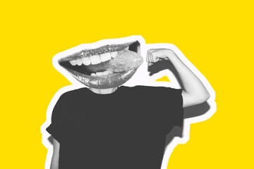 Collage in the style of a magazine on a yellow background. Instead of a head, an insane mouth...