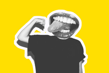 Collage in the style of a magazine on a yellow background. Instead of a head, an insane mouth screams showing tongue and teeth. A hand in a fist shows strength and biceps. - Powered by Adobe