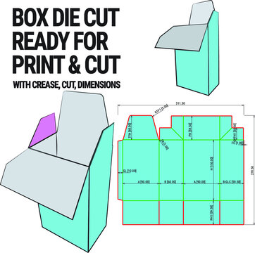 Box Die Cut Cube Template with 3D Preview organised with cut, crease, model and dimensions ready to cut and print, Vector Draw Graphic Design dieline