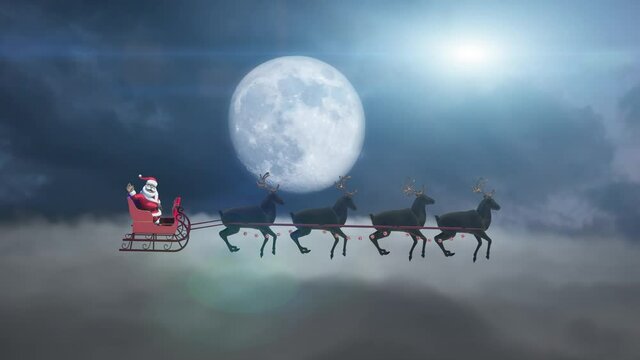 Santa Claus on a Reindeer Sleigh Flying on the Background of the Moon, Beautiful christmas 3d render Animation 
