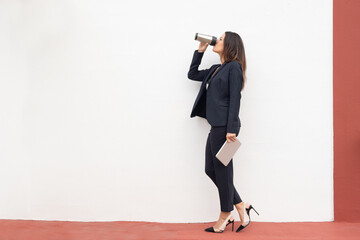 commercial woman drinks tea while resting