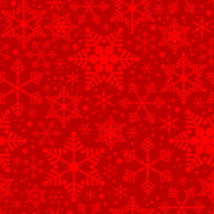 Christmas background seamless pattern with snowflakes and stars. Red background. Christmas wrapping paper, ornaments