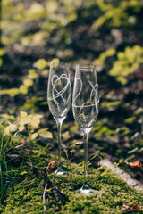 Two empty glasses outdoors at sunset. empty glasses on the ground in the woods